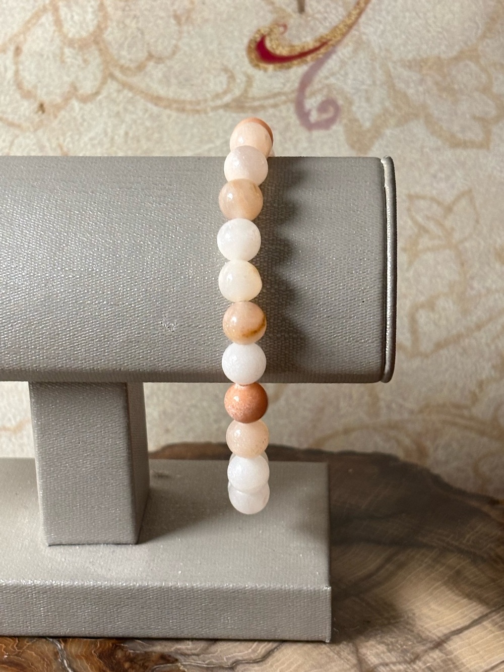 Peach & White Sunstone Beaded Stretch Bracelet